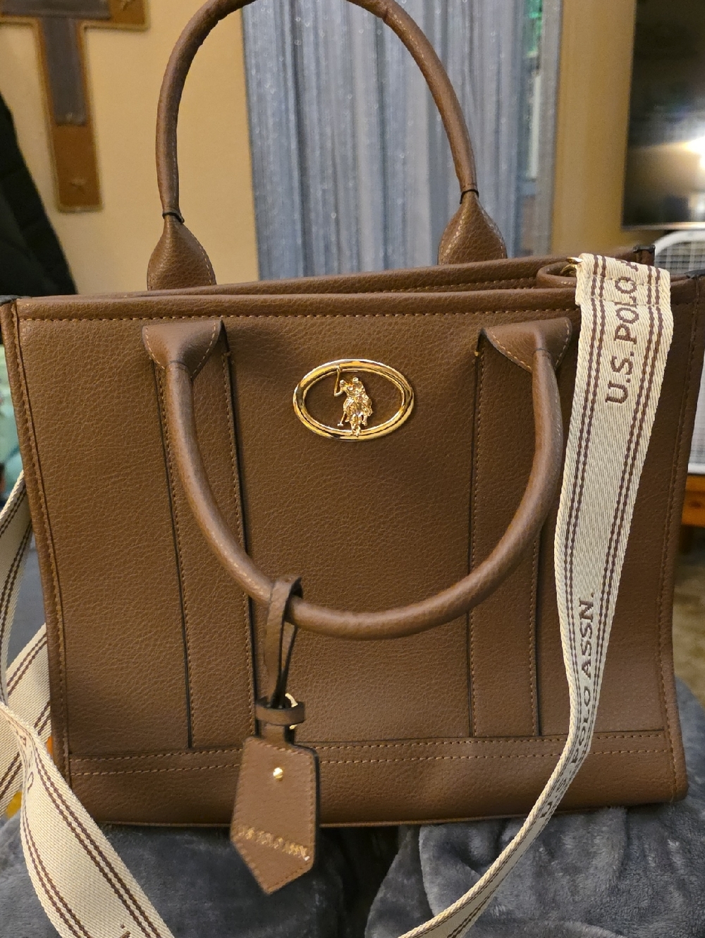 Classic Brown Faux Leather Tote Bag with Gold Hardware Like New